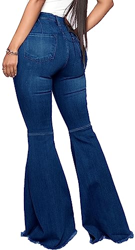 Women's Elastic Ripped Hole Classic Denim Bell Bottom Jeans2