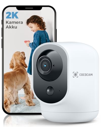 COCOCAM 2K Überwachungskamera Innen WLAN mit 5200mAh Akku, kabelloser 355°P 90°T, Baby Monitor Haustierkamera Altenpflege, KI-Erkennung, PIR-Personenerkennung, 2,4G WLAN (1, Weiß)