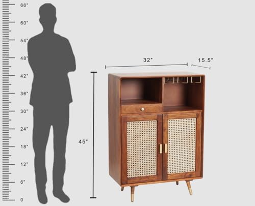 Image of Mid-Century Modern Storage Cabinet, Solid Wood with Rattan Doors, 1 Drawer, Brass Hardware, Bar Hooks W-81 X D-39 X H-114 cm