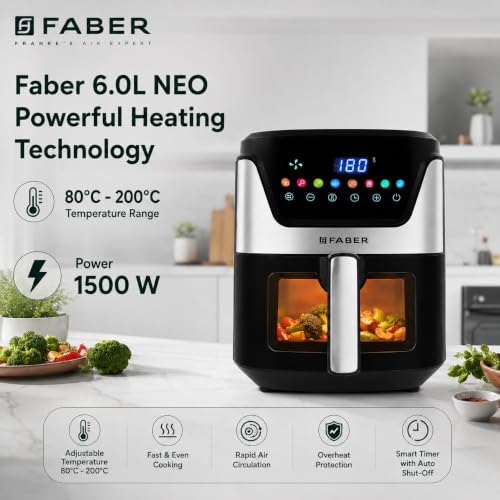 Image of Faber 6L 1500W Digital Air Fryer | Fry, Bake, Roast, Toast, Defrost, Grill & Reheat | 85% Less Oil, 360 Air Cooking|8-Preset Menu,LED Display&Touch Control, Non-Stick Pan,View Window|FAF 6.0L NEO BK