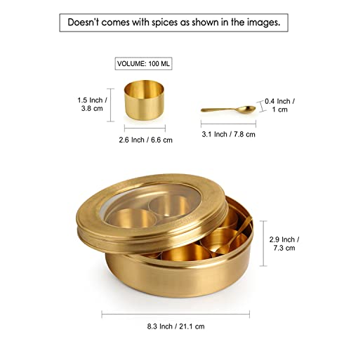 Image of ExclusiveLane 'Floral' Brass Spice Box for Kitchen with Spoon (7 Containers, 100 ml, Hand-Etched) | Brass Masala Box for Kitchen Masala Container Masala Dabba Masala Dani Namak Dani Spice Container