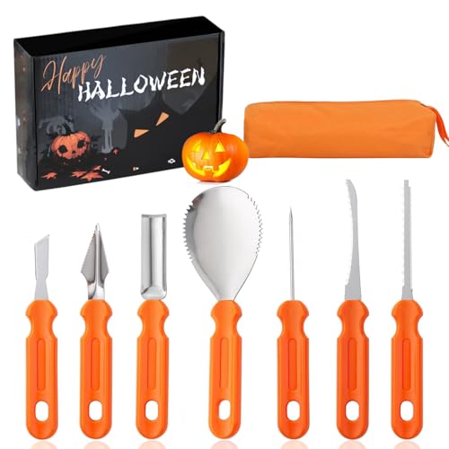 WRSION 7 Pieces Pumpkin Carving Kit - Professional Heavy Duty Stainless Steel Tools Set for Halloween Jack-O-Lanterns Adults