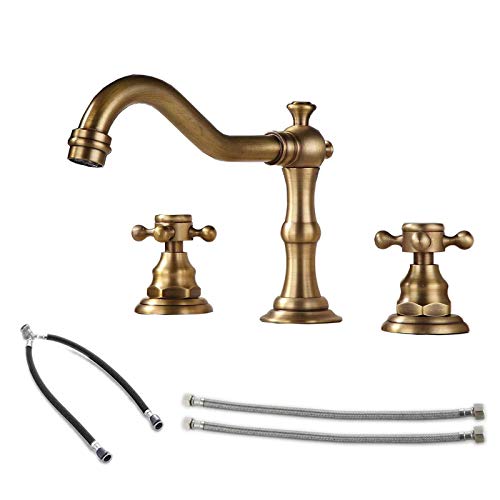 Beelee Deck Mounted Three Holes Double Handles Widespread Bathroom Sink Faucet, Antique Brass Finished