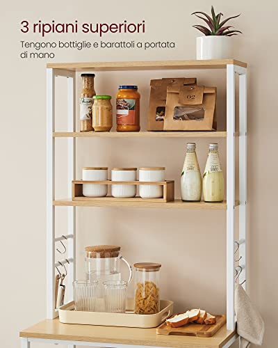 VASAGLE Scaffale Cucina, Mobile Cucina, Scaffale per Microonde, 6 Ripiani, 6 Ganci, Struttura in Acciaio, Stile Rustico, 40 x 60 x 167 cm, Rovere Dorato e Bianco Nuvola KKS024W09 - Immagine 4