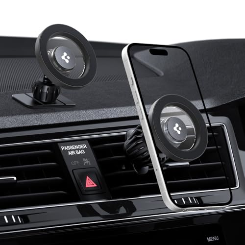 Image of Spigen Magnetic Air Vent Car Mobile Holder, Super Strong Magnet, (Magnetic Ring & Extra Mini Dashboard Mount Included) for iPhone 17 /16 /15 /13 /12, Samsung Galaxy Series & More (MFT13) - Grey