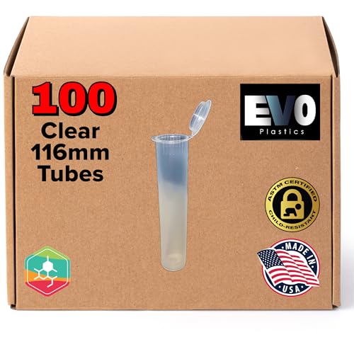 100 Pack 116mm Tubes Clear - USA Made Plastic Pop Top Tubes - Waterproof, Child-Resistant Certified Squeeze Cap Opening (100 Qty.)