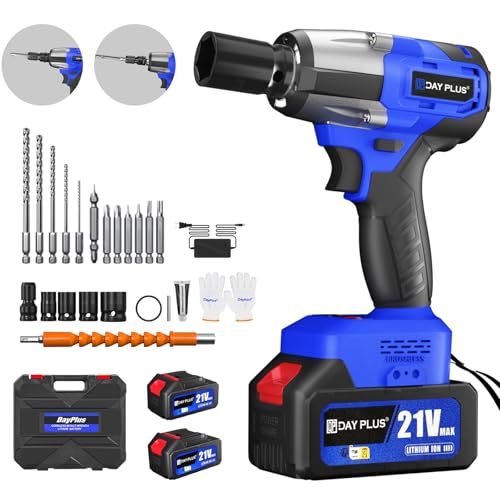 Cordless Impact Wrench,3400RPM Electric Wrench,1/2 Brushless Power Impact Gun, Max Torque 550N.m with LED, 4 Sockets, 12PCS Screwdriver Bits, 2x4.0Ah Battery & Carry Box for Car Home Projects, Blue