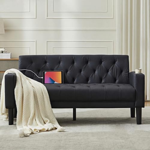 GRAVFORCE Sofa 2 Sitzer Couch mit 2 Ladeports und 2 Becherhaltern 157cm 2er Sofa Klein für Jugendzimmer, Wohnzimmer, Wohnung, Büro, Einfache Montage Kunstleder Schwarz