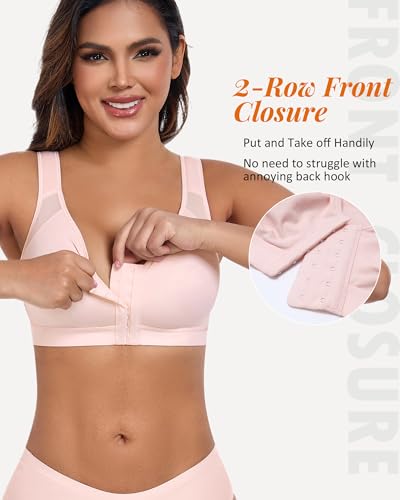 Image of HACI Women's Front Closure Posture Bra Full Coverage Back Support Wireless Comfy Unpadded(Pink,34C)