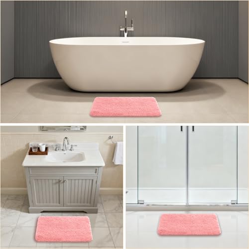 Pink Bathroom Rugs 17"x24" - High-Density Microfiber Bath Mat, Fluffy Non Slip Absorbent and Washable Bathroom Mat - Ideal for Small Spaces, Vanity, Toilet, or Pet Mat