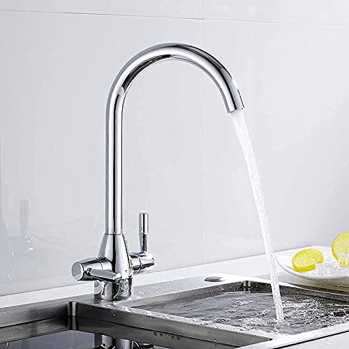 Grifo mezclador cromado para fregadero con dos asas y caño giratorio contemporáneo
