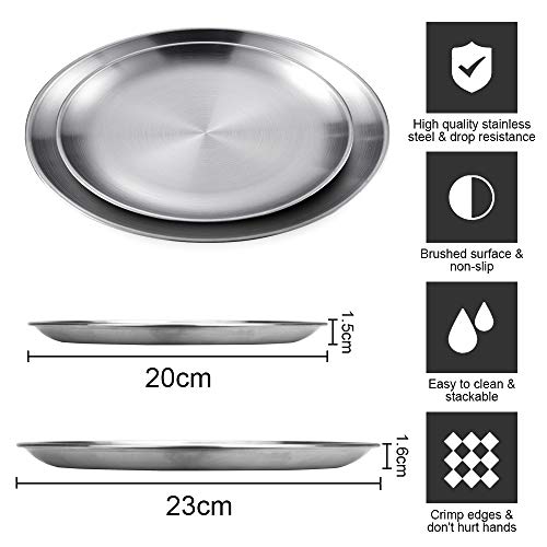 KBNIAN 2 Stück Edelstahl Rundes Geschirr Silber Unterteller Edelstahlteller Servierteller 2 Verschiedene Größen von Edelstahl Platzteller für Camping, Küche, Party (Φ20 cm / 23 cm)