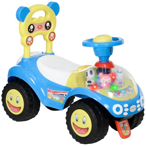 Qaba Toddler Push Car, Foot to Floor Ride on Toy with Horn, Light, Music, Steering Wheel, Anti-Over-Backwards Device & Under Seat Storage, Baby Sliding Car for Boys Girls 18-36 Months, Blue