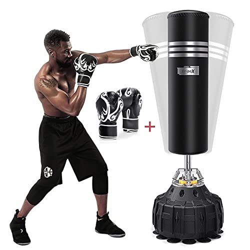 Dripex Saco de Boxeo de Pie para Adultos, Compañero de Boxeo de MMA, Entrenador de Boxeo, Resistente, con Base de Succión, Rellenable de Arena 80kg /Agua 60kg Aprox (Negro con Guante)