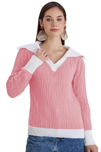 Image of Sweaters for Women Fashion Long Sleeve Lapel Collar V Neck Casual Knit Color Block Pullover Sweater