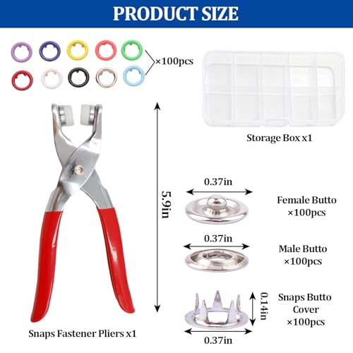 100 Sets Snap Button Kit with 10 Colors,Metal Snaps Buttons with Metal Pliers and Fastener Parts,Multicolor Press Tool Kit Perfect for DIY Clothing and Crafts(9.5mm)