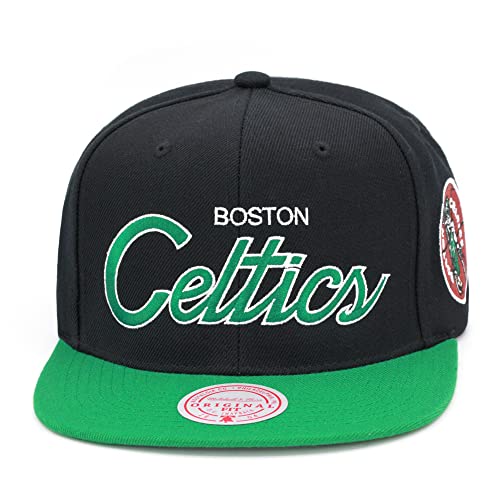 Mitchell & Ness Boston Celtics Team Script 2.0 Snapback Hat Adjustable Cap - Black/Green/Hardwood Classics