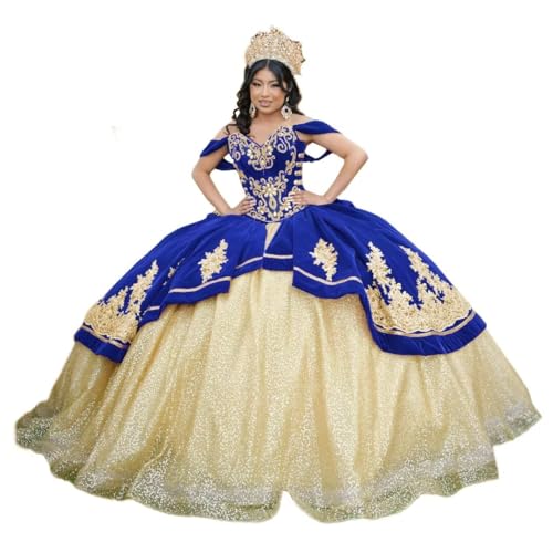Mauuwy Off Shoulder Gold Lace Quinceanera Dresses Puffy Velvet Prom Dresses Long Ball Gown Beaded Tiered Sweet 16 Dresses