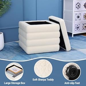 Ouchtek teddy square ottoman white small storage ottoman cube ottoman for living room sherpa foot stool boucle vanity stool with storage  urban country home decor