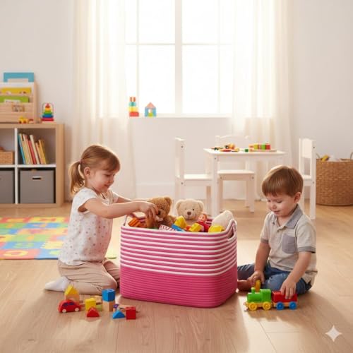 Image of Large Storage Basket, Woven Blanket Basket, Toy Basket with Handle, Laundry Hamper for Living Room, Nursery, Bedroom- 20x15x12 (LXWXH) (pink mix)