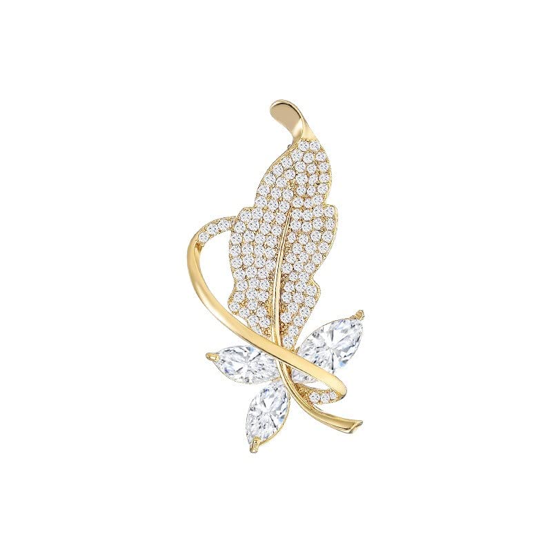 Image of Rhinestone Leaf Brooch Pins - Crystal & Gold-plated Lapel Pin Jewelry for Women - Birthday Gift for Wife or Friends