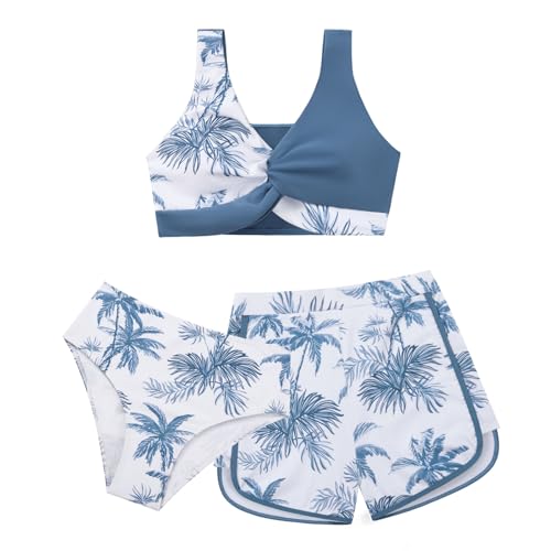 Image of Weixinbuy Girl's 3 Piece Swimsuit Teen Swimwear Tropical Print Twist Cross Bikini Bathing Suit with Cover Up Shorts Size 9-16