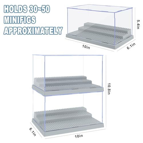 Image of 2 Pack Display Case for Minifigure Action Figures Blocks, Acrylic Minifigure Display Case Box Storage with 3 Movable Steps Gift for Kids Adults (Grey)