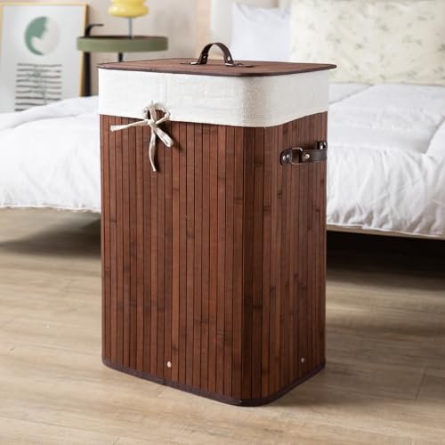 Image of HOKIPO Eco-Friendly Foldable Bamboo Laundry Basket Hamper with Lid, Large - 81 Liter, Coffee Brown (AR1538)