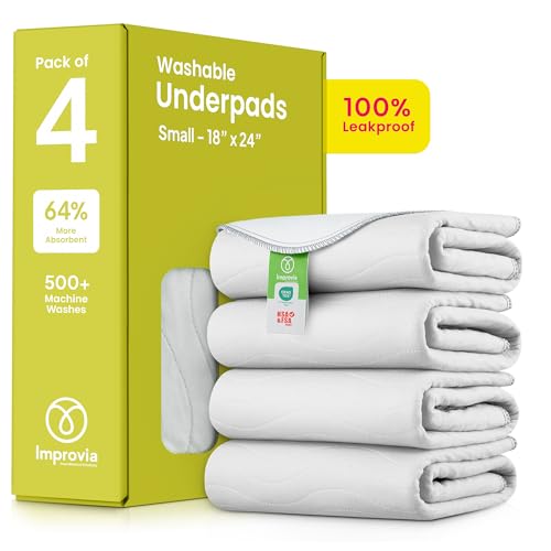 Image of IMPROVIA Washable Underpads, Heavy Absorbency Reusable Incontinence Pads for Kids, Adults, Elderly, and Pets - Waterproof Protection Floor White & White (4 Pack - 18x24)