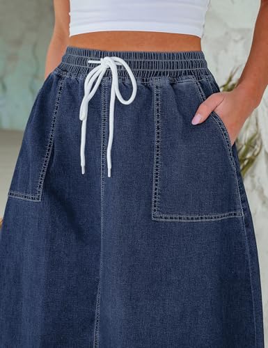 luvamia Denim Skirts for Women Trendy A Line Long Maxi Pull On Elastic Waist Drawstring Stretchy Jean Skirt with Pockets3