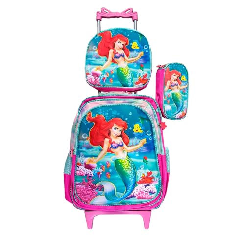 Kit Mochila Infantil com Rodinhas Ariel em 3D + Lancheira Térmica + Estojo Escolar