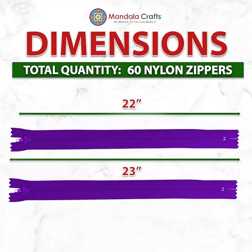 Image of Mandala Crafts 60 PCs Purple Closed-End 22 Inches Nylon Zippers for Sewing