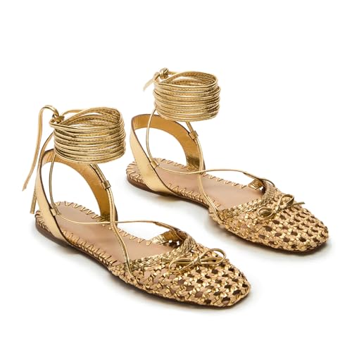Seborluys Lace Up Ballet Flats Sandals for Women Woven Strappy Flats Sandals Closed Square Toe Summer Flat Shoes with Bow