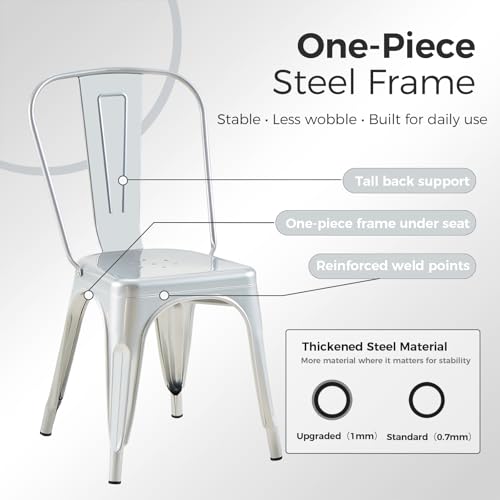 Image of Metal Dining Chairs with Backrest, Stackable, Silver, 2 Pack | Easy Assembly, Non-Slip Feet, 330 lb Capacity, Kitchen, Restaurant, Cafe, Pub, Covered Patio