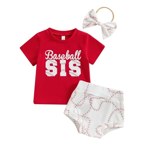 Image of Lesimsam Toddler Baby Girl Baseball Outfit Baseball Sis Short Sleeve T-Shirt Baseball Shorts Headband Set 3Pcs Summer Outfits