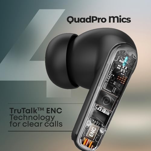 Image of pTron Bassbuds Bliss TWS Ear Buds w / 4 QuadPro Mics, 3D Audioscape, AI-ENC Calls, 40H Playtime, 50Ms Low-Latency Game /Music Modes, BTv5.3, Type C Fast Charging & IPX5 Water Resistant (Obsidian)