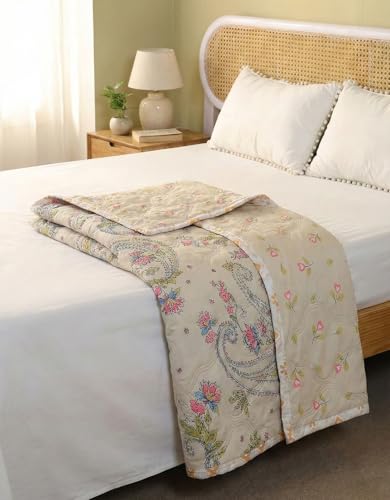 Image of Summer Blanket 100% Cotton Reversible Ac Comforter and Cooling | Classic Printed Design | Quilt | Dohar Single /Double Bed Quilt Ideal for Gifting (Cream, Single)