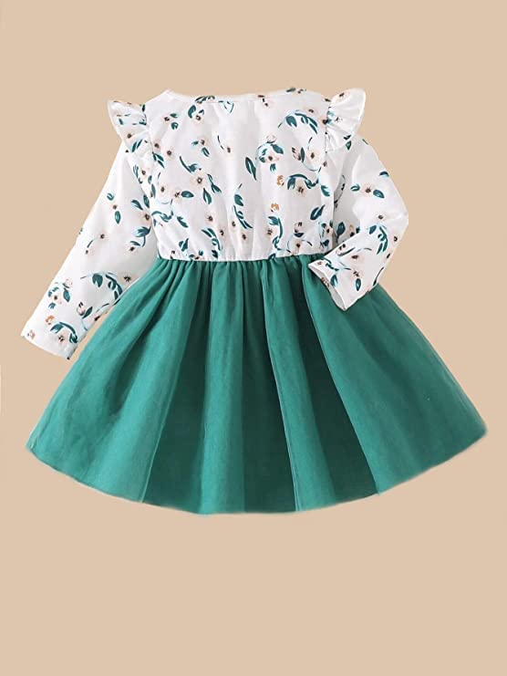 Image of OMLI Baby Floral Print Ruffle Trim Bow Front Mesh Hem Dress (5-6 Years, Green)