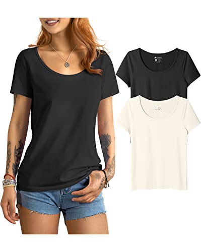 Oqq Women's 2 Piece T-Shirts Short Sleeve Scoop Neck T-Shirt Black Beige #TOP12