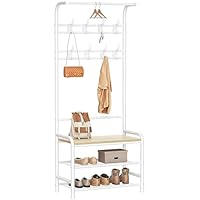 HOMIDEC Coat Stand, 182cm Coat Rack with Shoe Bench Removable Hooks Hanging Rail, Coat and Shoe Rack for Hallway Entryway Small Space, White Oak