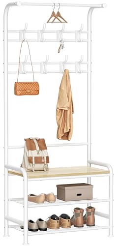 HOMIDEC Coat Stand, 182cm Coat Rack with Shoe Bench Removable Hooks Hanging Rail, Coat and Shoe Rack for Hallway Entryway Small Space, White Oak
