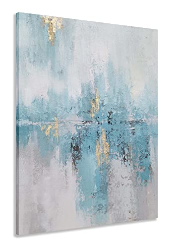 MYBEAUTYWALLA Hand Painted Abstract Lake Landscape Oil Painting with Gold Foil - Teal and White Canvas Wall Arts - Modern Forest Pictures for Living Room Hallway Decor