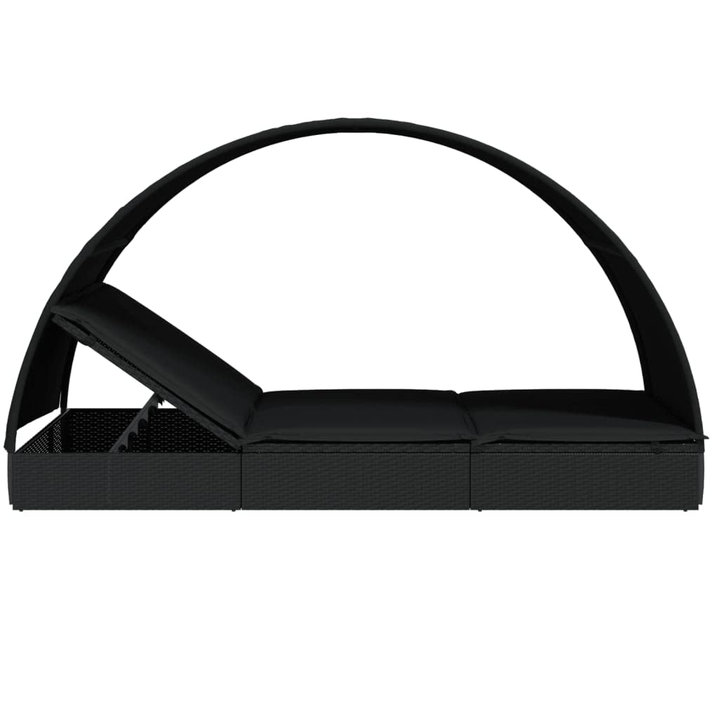 Sonnenliege für 2 Personen mit rundem Dach Schwarz 211x112x140 cm aus PE-Rattan pulverbeschichtetem Stahl verstellbar mit Polstern für Terrasse Balkon Pool Camping Relaxen
