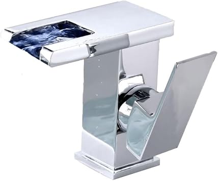 Copper Bathroom Basin Faucet Waterfall Tap with Temperature Sensing Colour Changing LED Light Single Handle Design for Bathroom Cabinet No Tools Required Installationsilver
