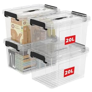 Cetomo 20L*4 Caja de Almacenamiento con Asa, Caja de Plástico con Tapa y Cierre Seguro, Contenedor de Almacenamiento, Duradera, Apilable, Resistentes, Transparente, Paquete de 4 de 20L