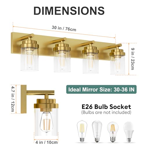 Image of IZORRO Bathroom Vanity Light Fixture, 4-Light 30 Inch Gold Bathroom Light Fixtures Over Mirror, with Clear Glass Shade, Modern Farmhouse Vanity Lights, Rustic Restroom Lighting Fixtures