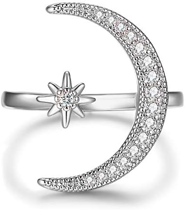 Angol Sterling Silver Crescent Moon Star Rings for Women Girls Adjustable Moon Ring 5A Cubic Zirconia Minimalist Ring Valentines Day Gift for Her with Box (Silver-white cz, 9)