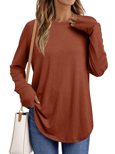 AUTOMET Womens Long Sleeve Shirts Crew Neck Casual Tshirts Fall Fashion Tops Loose Fit Lightweight Y2k Outfits Clothes Rust M