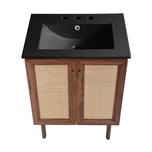 Image of Swiss Madison Classe 24 in. Brown Oak Bathroom Vanity with Black, 3-Hole Ceramic Sink Top
