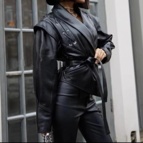 THLAI Womens PU Leather Retro Jacket Long Sleeve Collar Waistband Jacket Casual Coat2